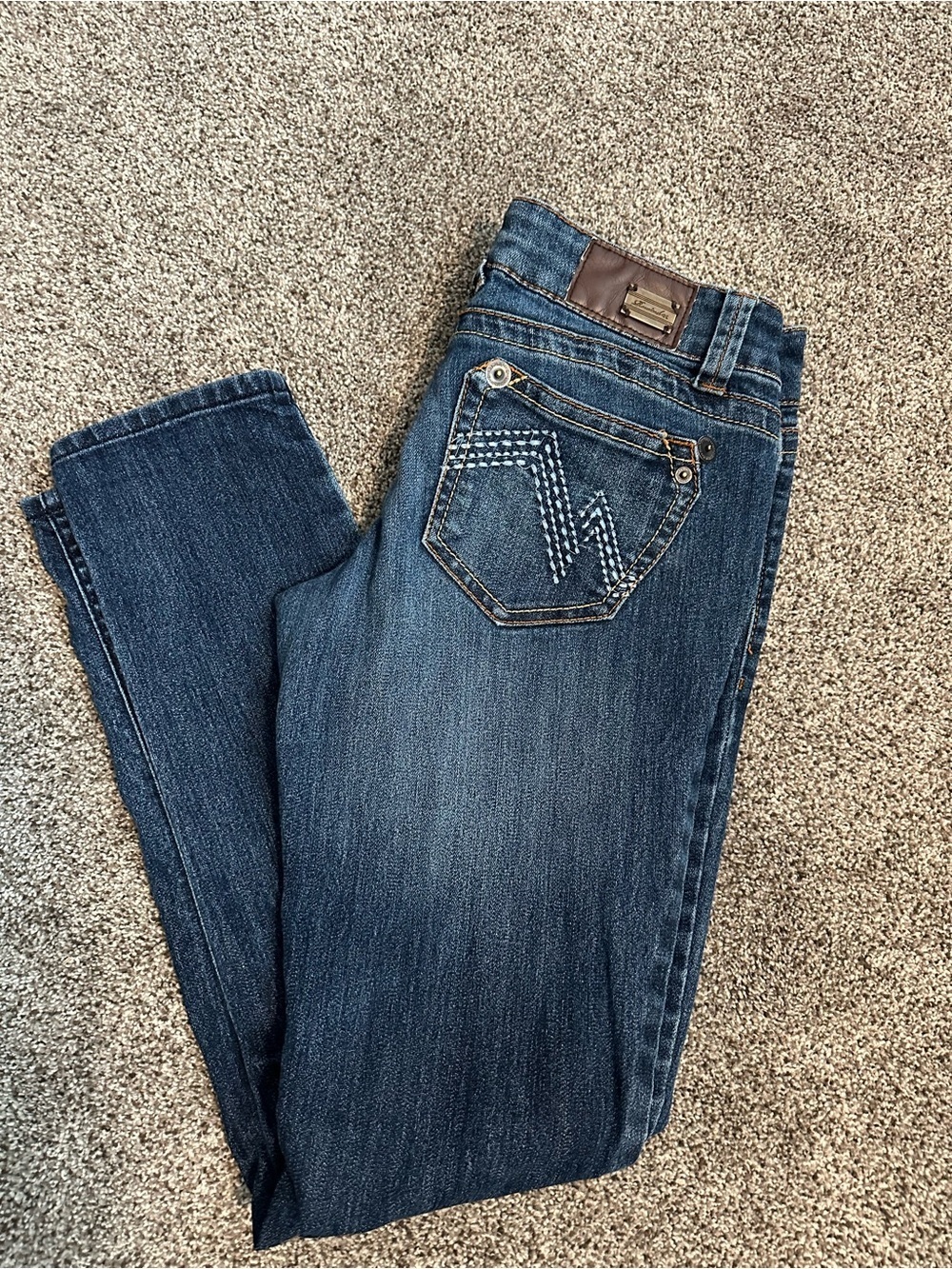 Rewind Jeans Sz 7 Dark Wash Straight Leg Denim Contrast Stitch Mid Rise Western